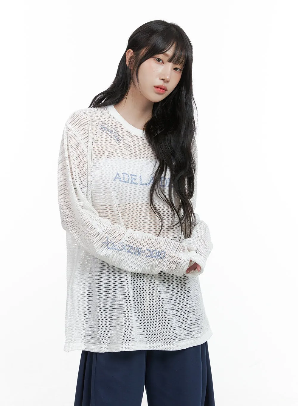 Graphic Oversized Mesh Long Sleeve Tee CG421