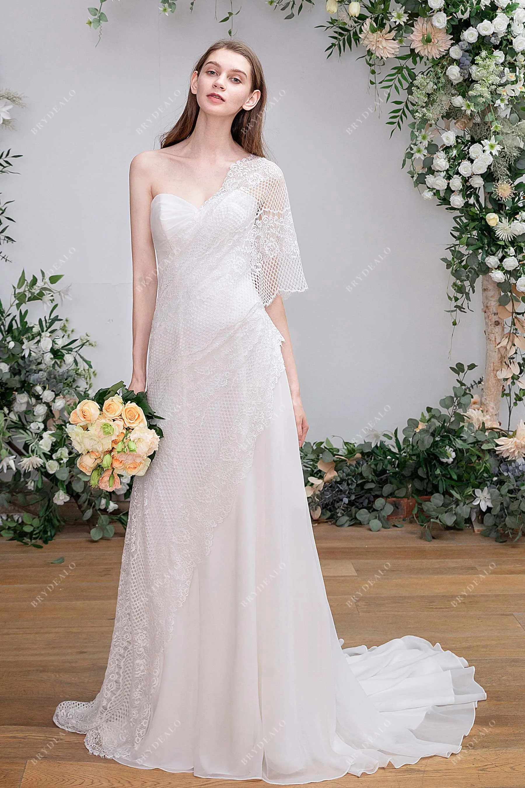 Grecian Lace Chiffon Asymmetric Summer A-line Wedding Dress