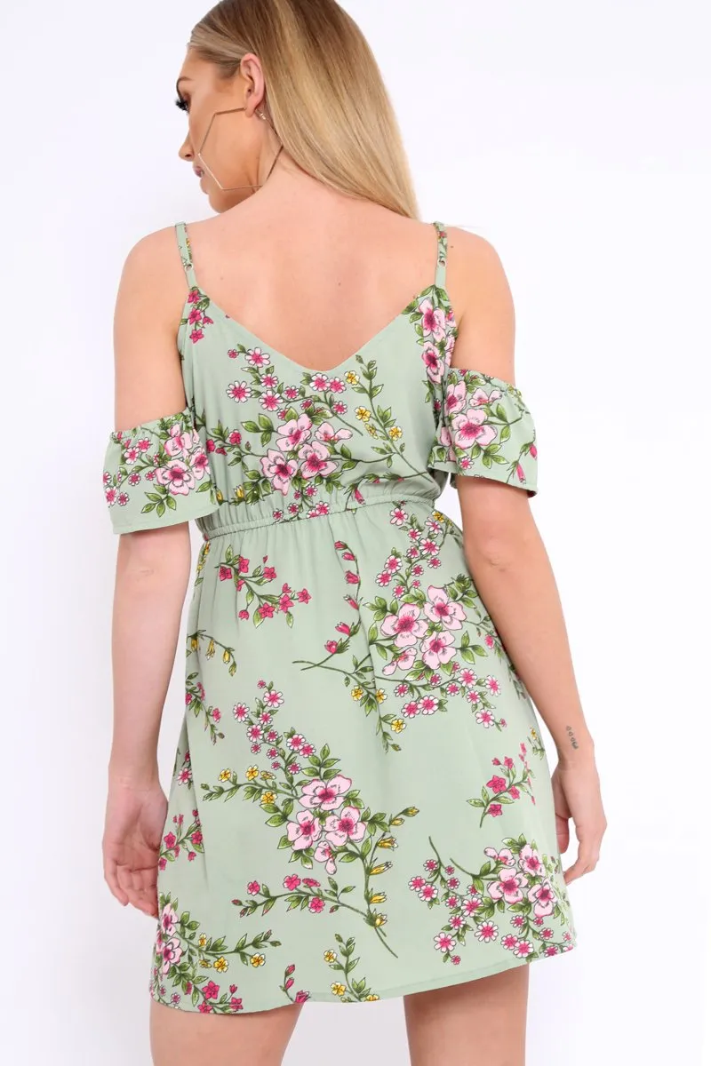 Green Floral Print Cold Shoulder Dress - Olyvia