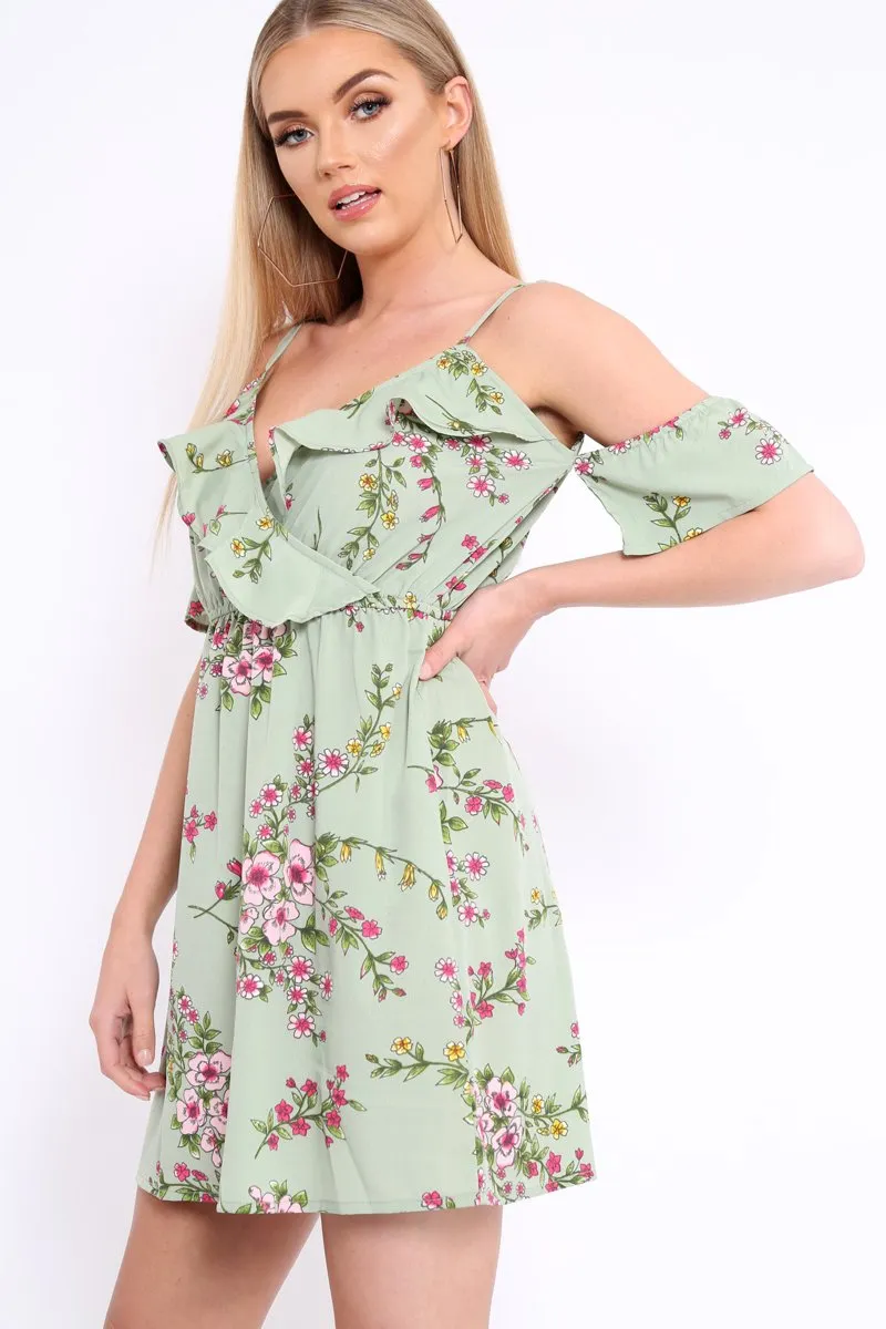 Green Floral Print Cold Shoulder Dress - Olyvia