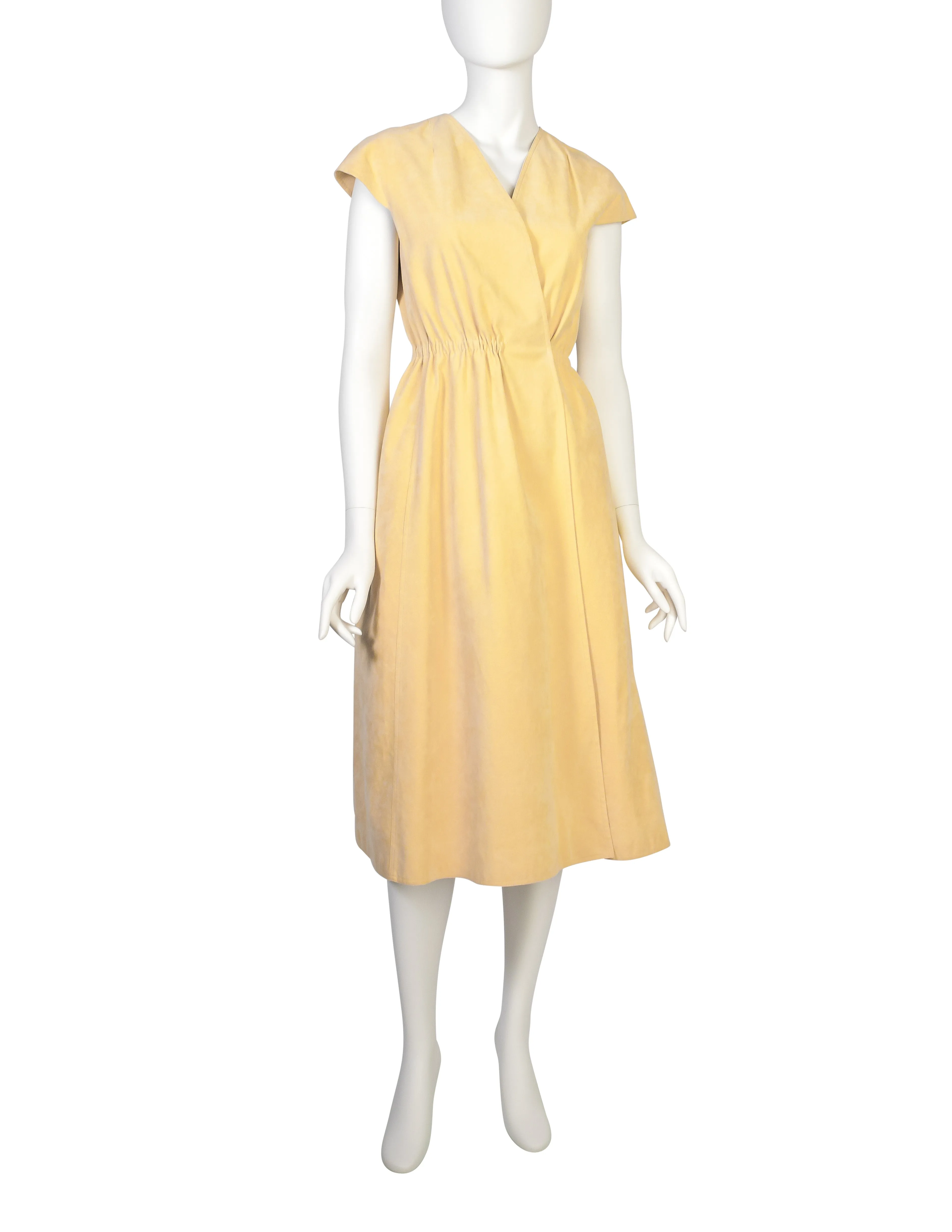 Halston Vintage 1970s Iconic Light Yellow Ultrasuede Wrap Dress