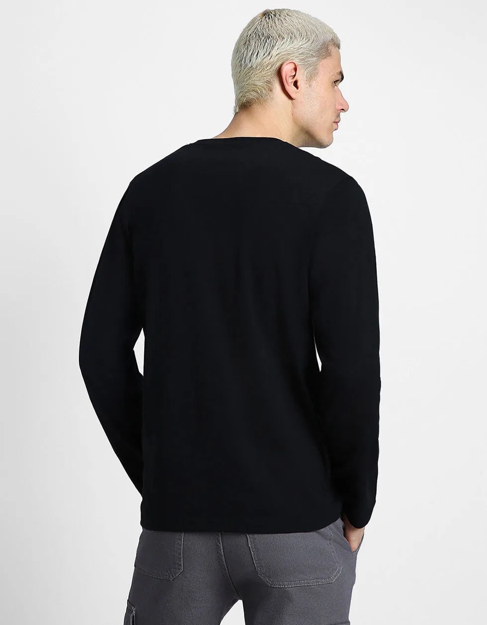 Henley Black Solid Tshirt