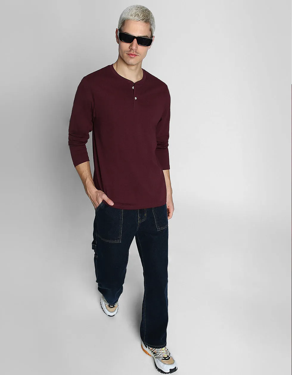 Henley Maroon Solid Tshirt