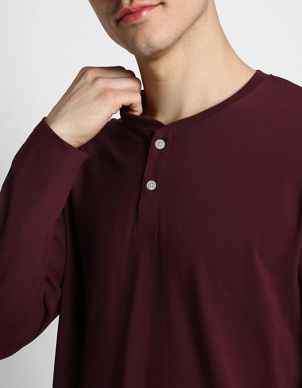 Henley Maroon Solid Tshirt