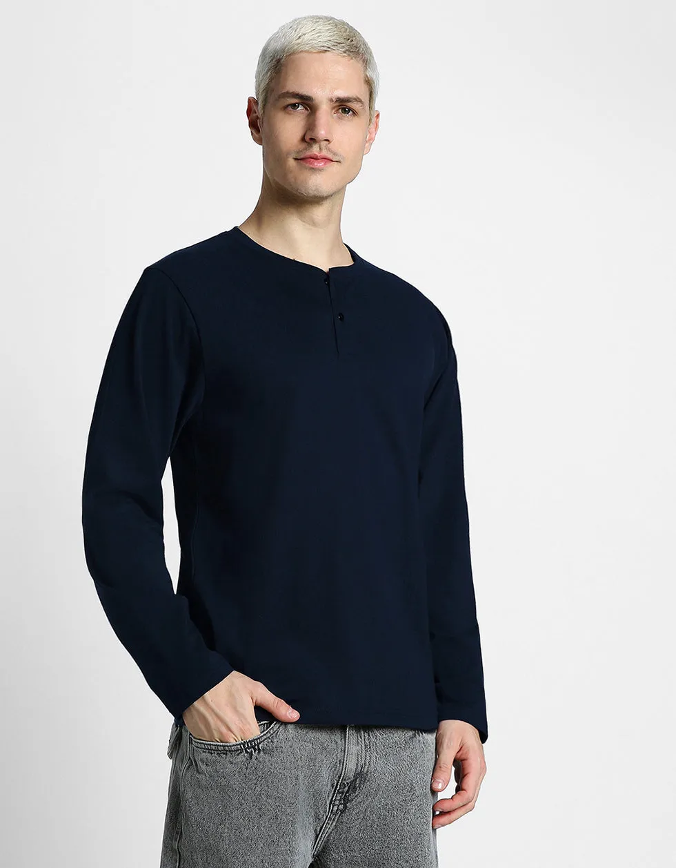 Henley Navy Solid Tshirt