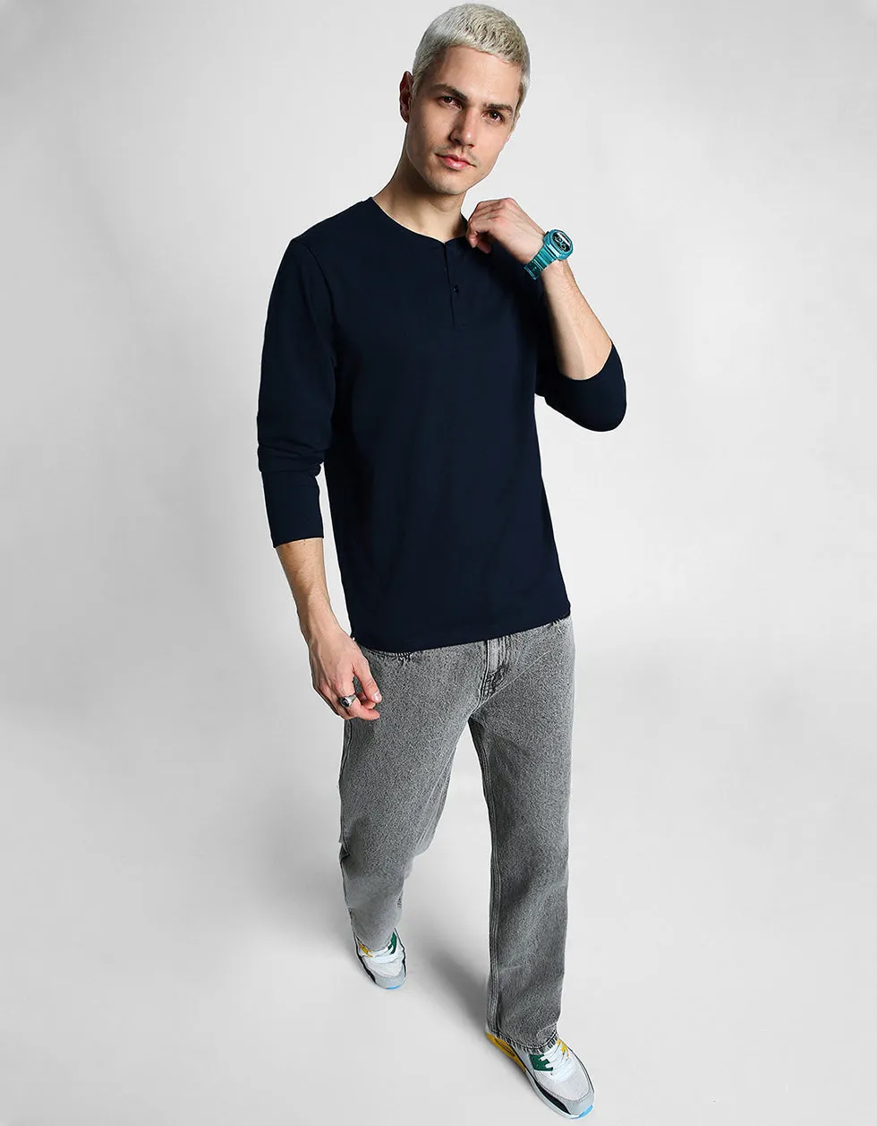 Henley Navy Solid Tshirt