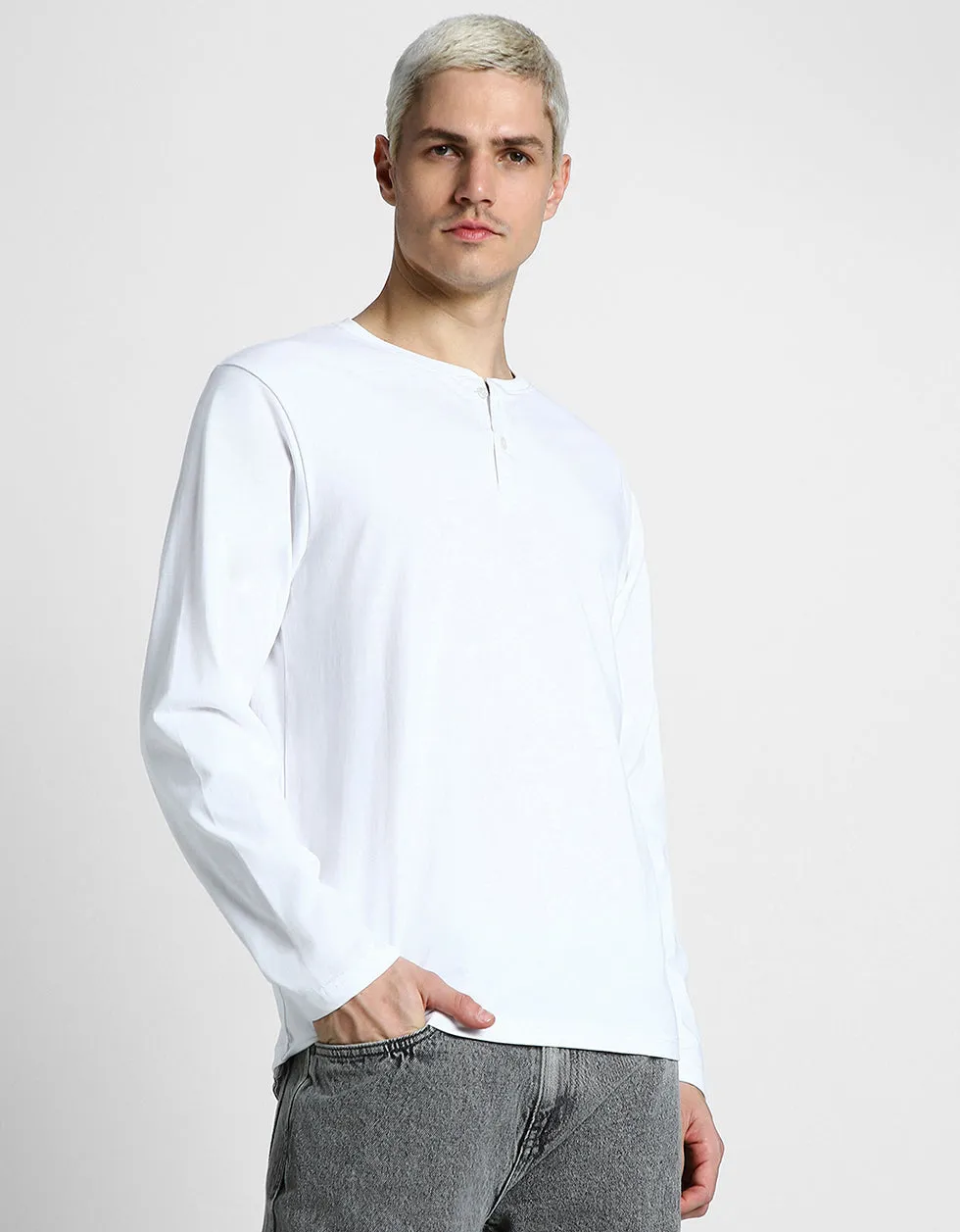 Henley White Solid Tshirt