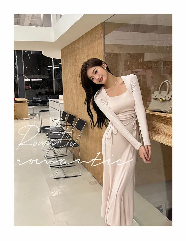 IKEARLAX  Spring and Summer New Square Collar Long Sleeve Dress Women's Pleated Nipped Waist Slimming Hip Skirt Fishtail Long Skirt