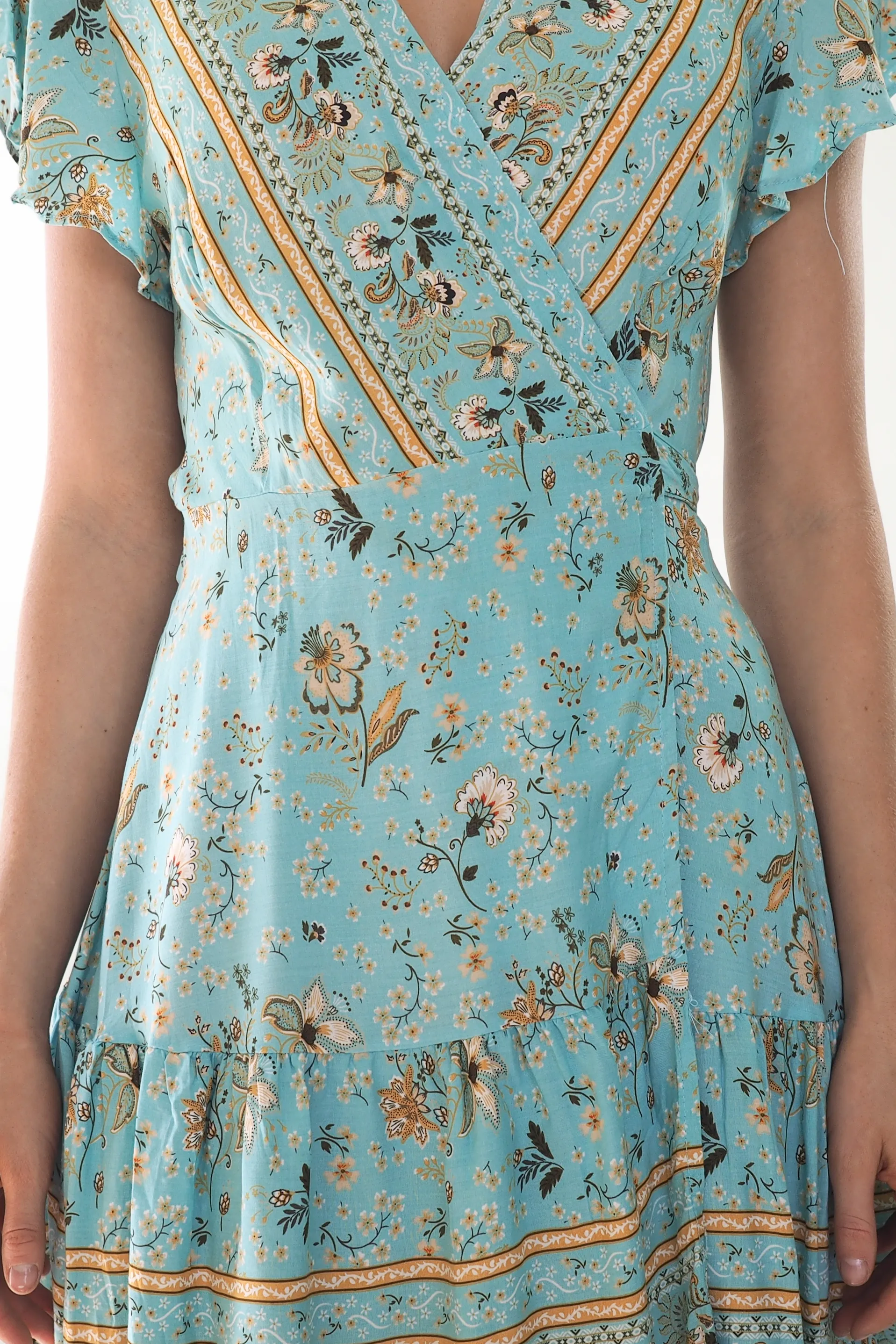 Isabella Paisley Wrap Dress- Sky Blue/Bronze