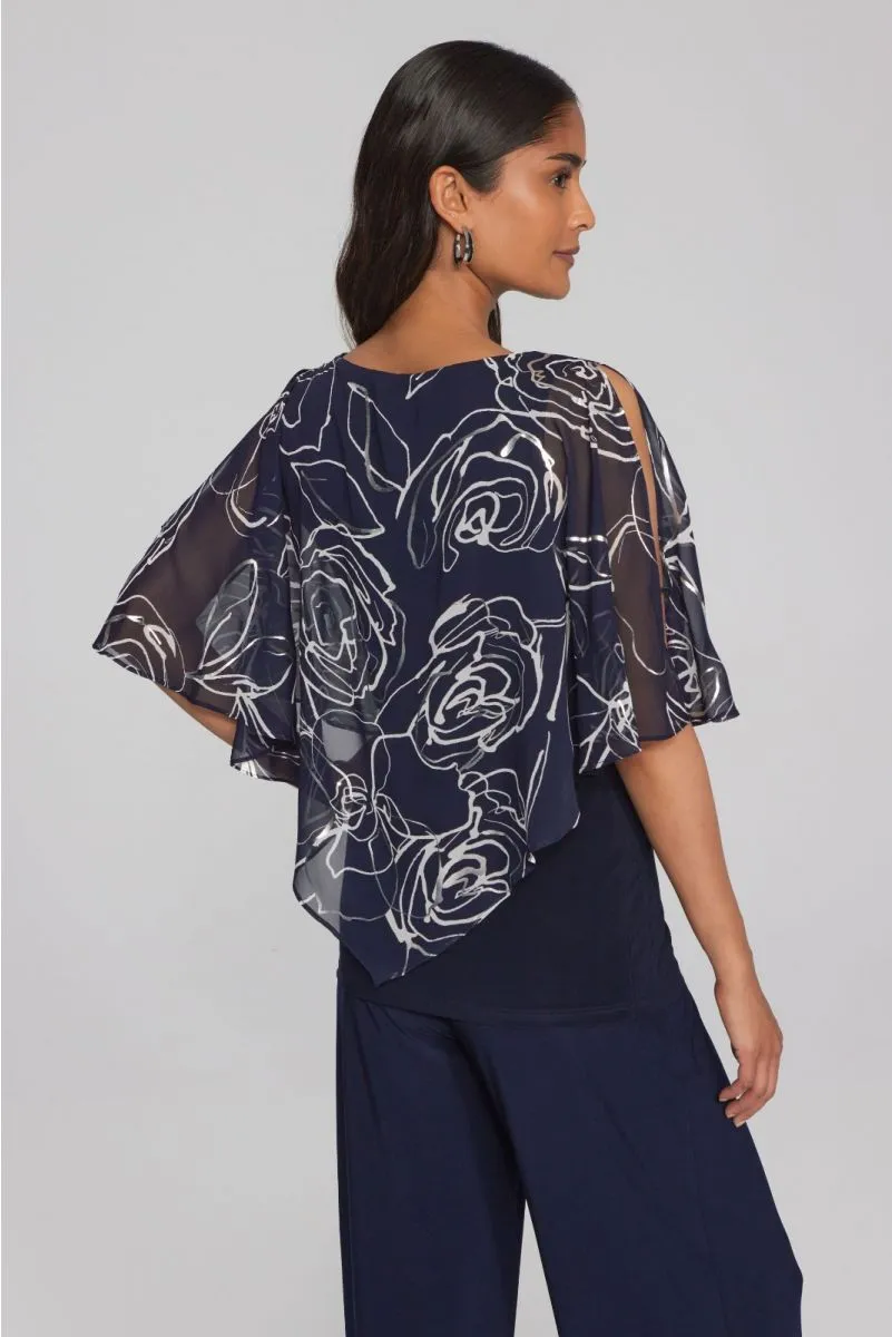 Joseph Ribkoff Midnight Blue/Vanilla Floral Print Chiffon Split Poncho Top 241783