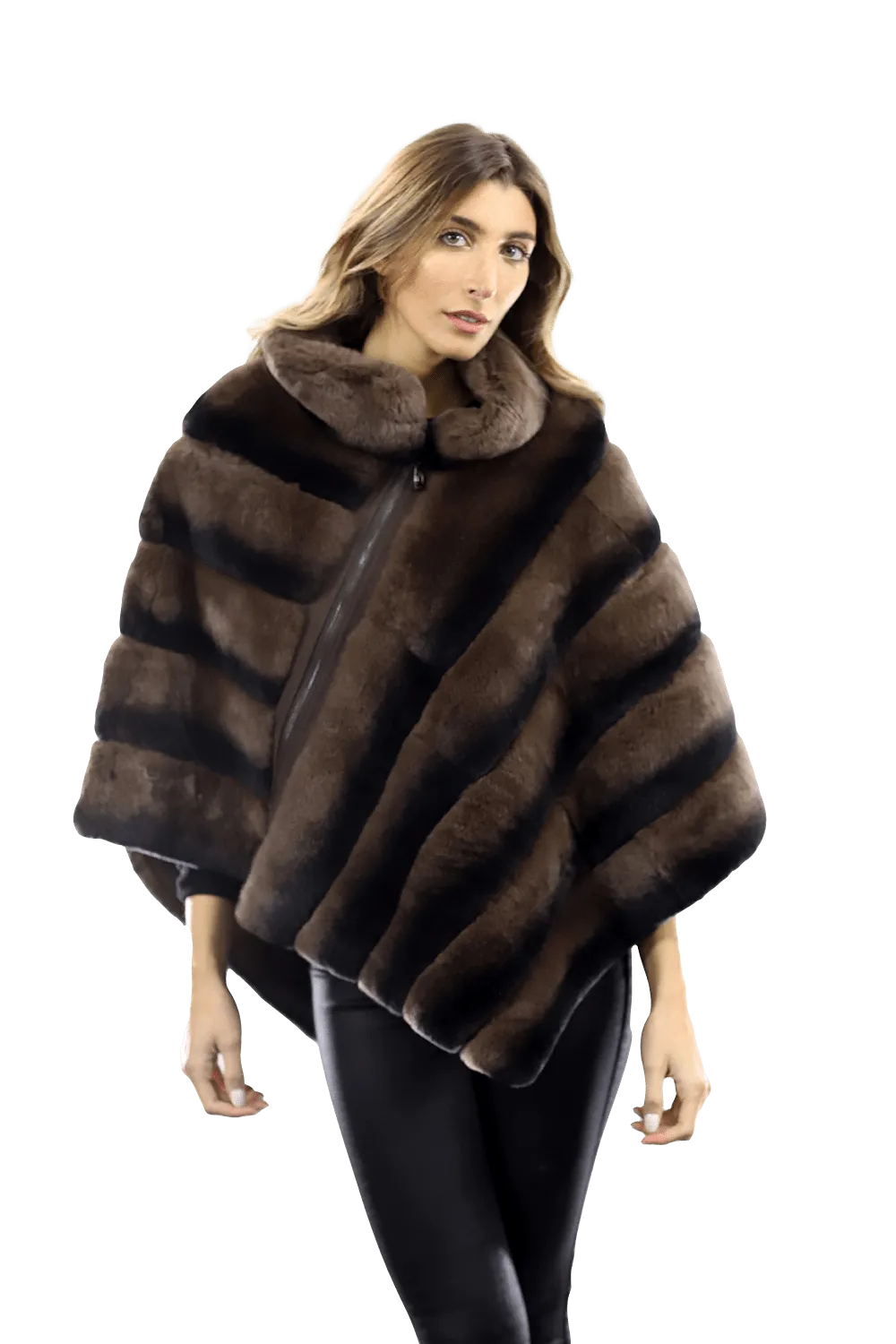 La Fiorentina -  Two Tone Rex Rabbit Poncho with Zipper - Brown