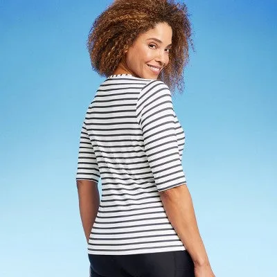 Lands' End Women's UPF 50 Striped Crewneck Half Sleeve Rash Guard - Navy