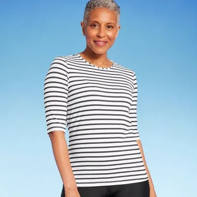 Lands' End Women's UPF 50 Striped Crewneck Half Sleeve Rash Guard - Navy