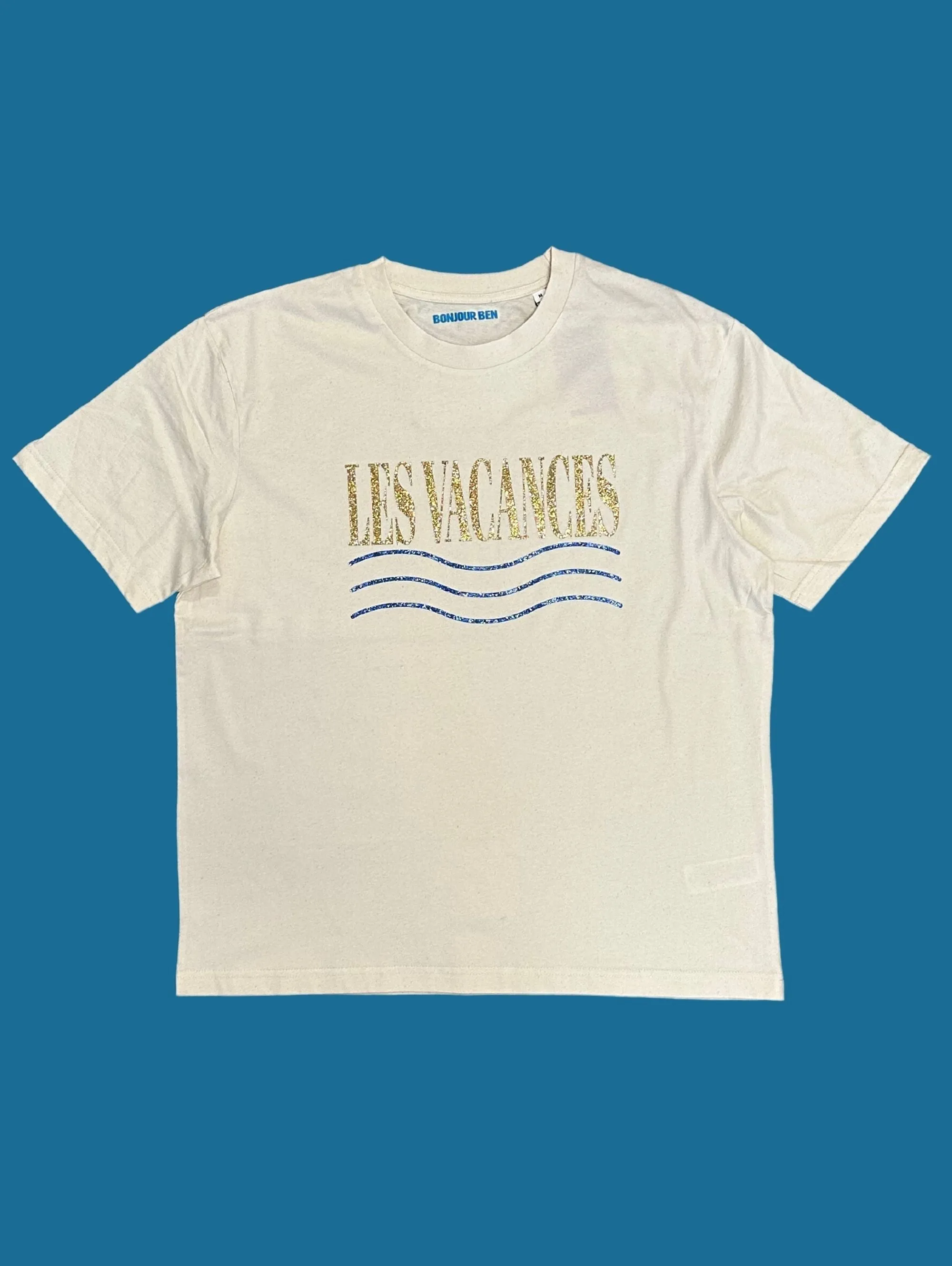 Les Vacances T-Shirt - Beige/ Gold&Blau Glitzer