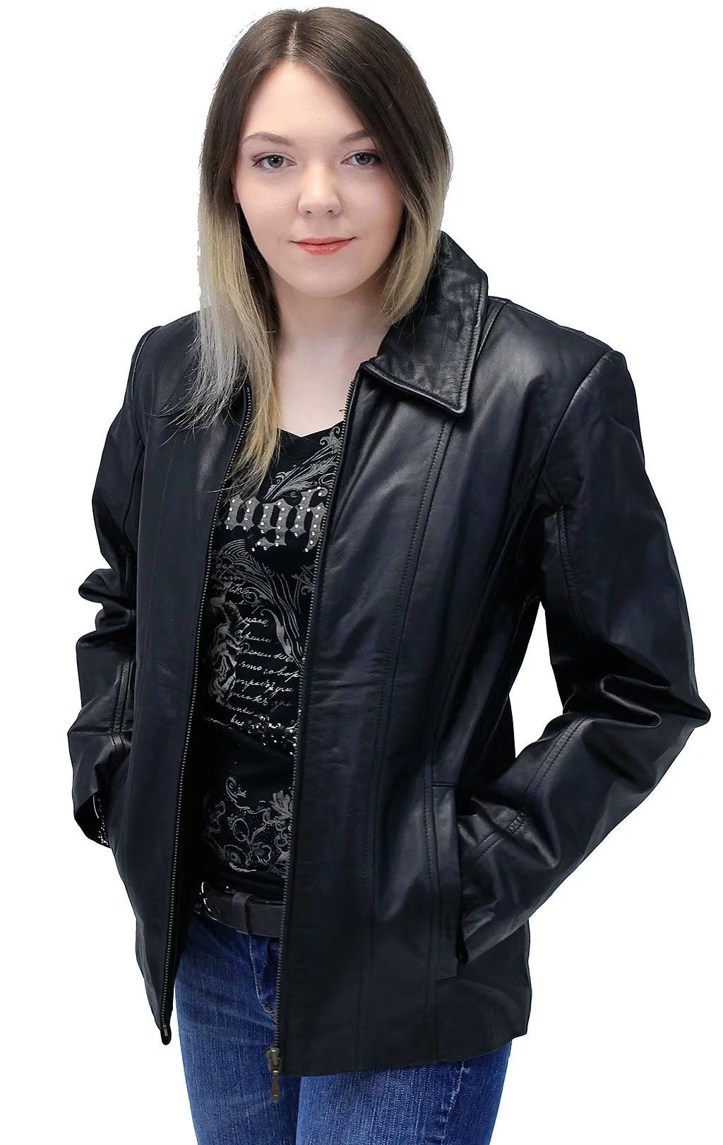 Lightweight Black Basic Cowhide Leather Jacket #L703K ()