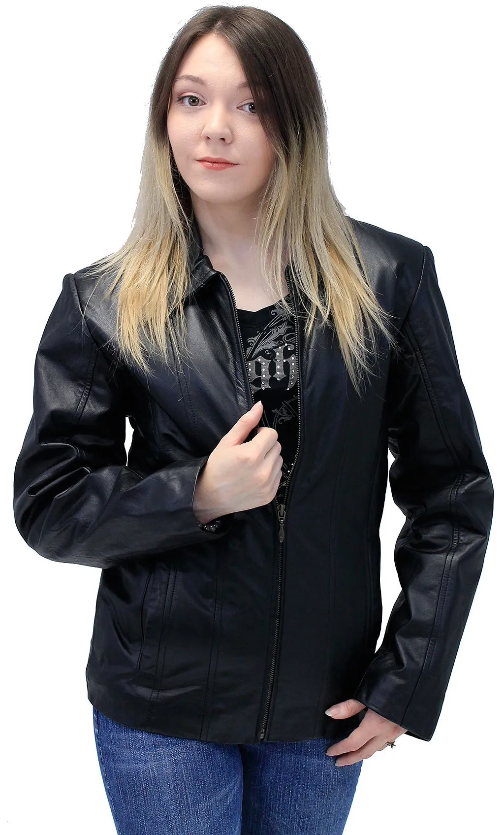 Lightweight Black Basic Cowhide Leather Jacket #L703K ()