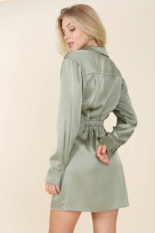 Long-Sleeved Satin Collared Wrap Mini Dress