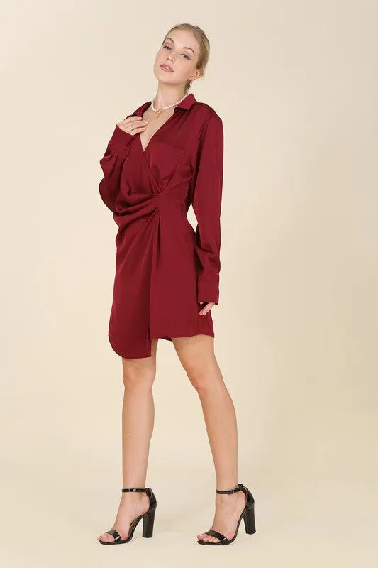 Long-Sleeved Satin Collared Wrap Mini Dress