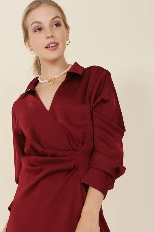 Long-Sleeved Satin Collared Wrap Mini Dress