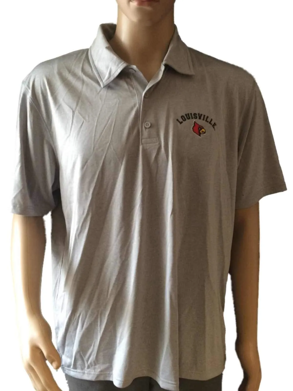 Louisville Cardinals Champion PowerTrain Gray SS 3 Button Golf Polo T-Shirt (L)