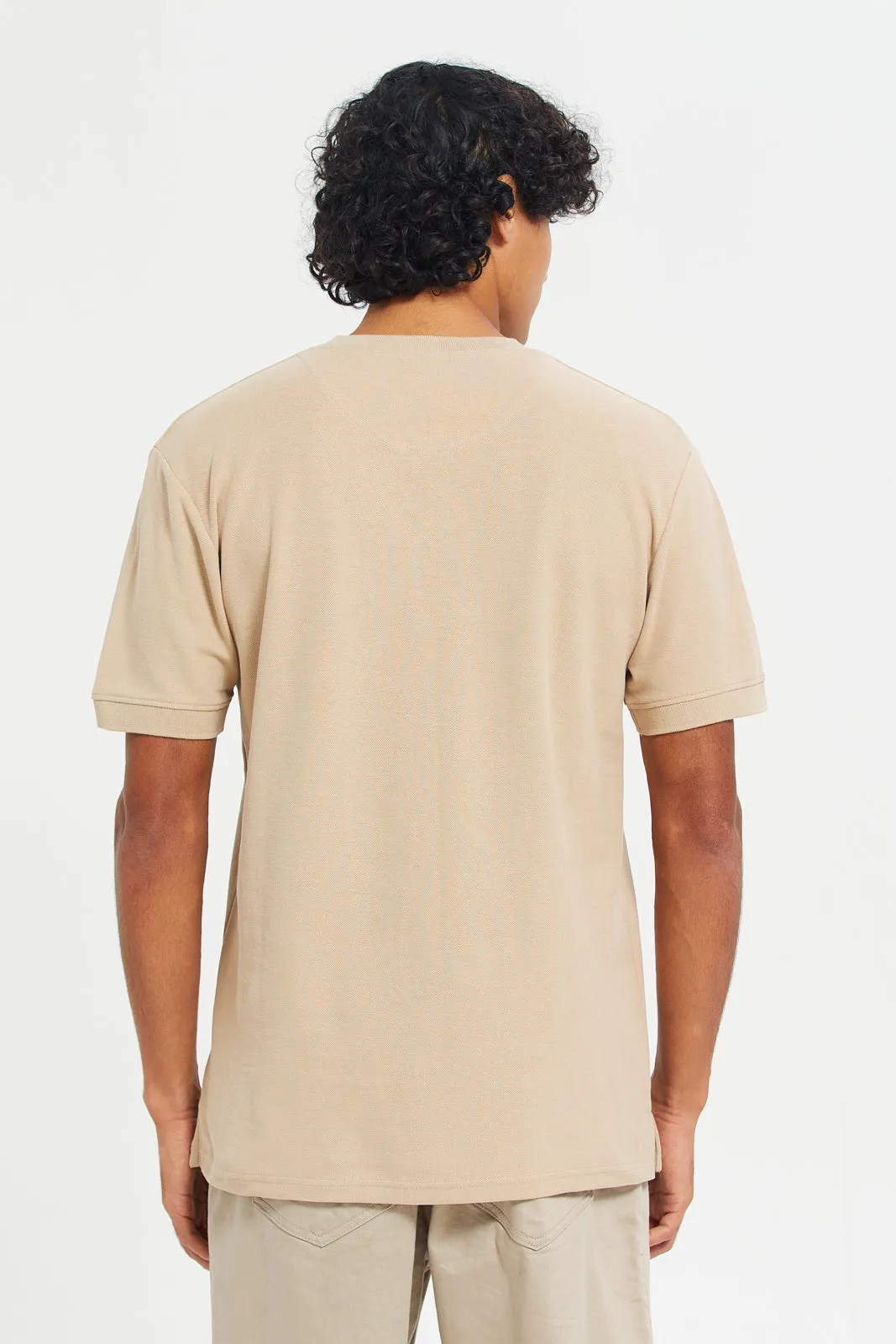 Men Beige Printed Henley Polo T-Shirt