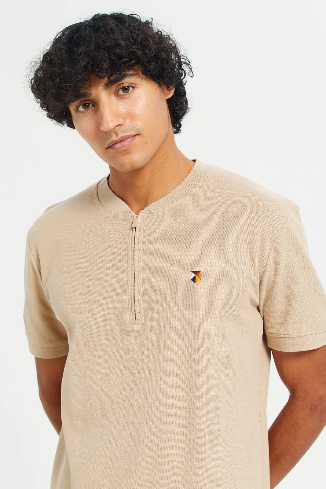 Men Beige Printed Henley Polo T-Shirt