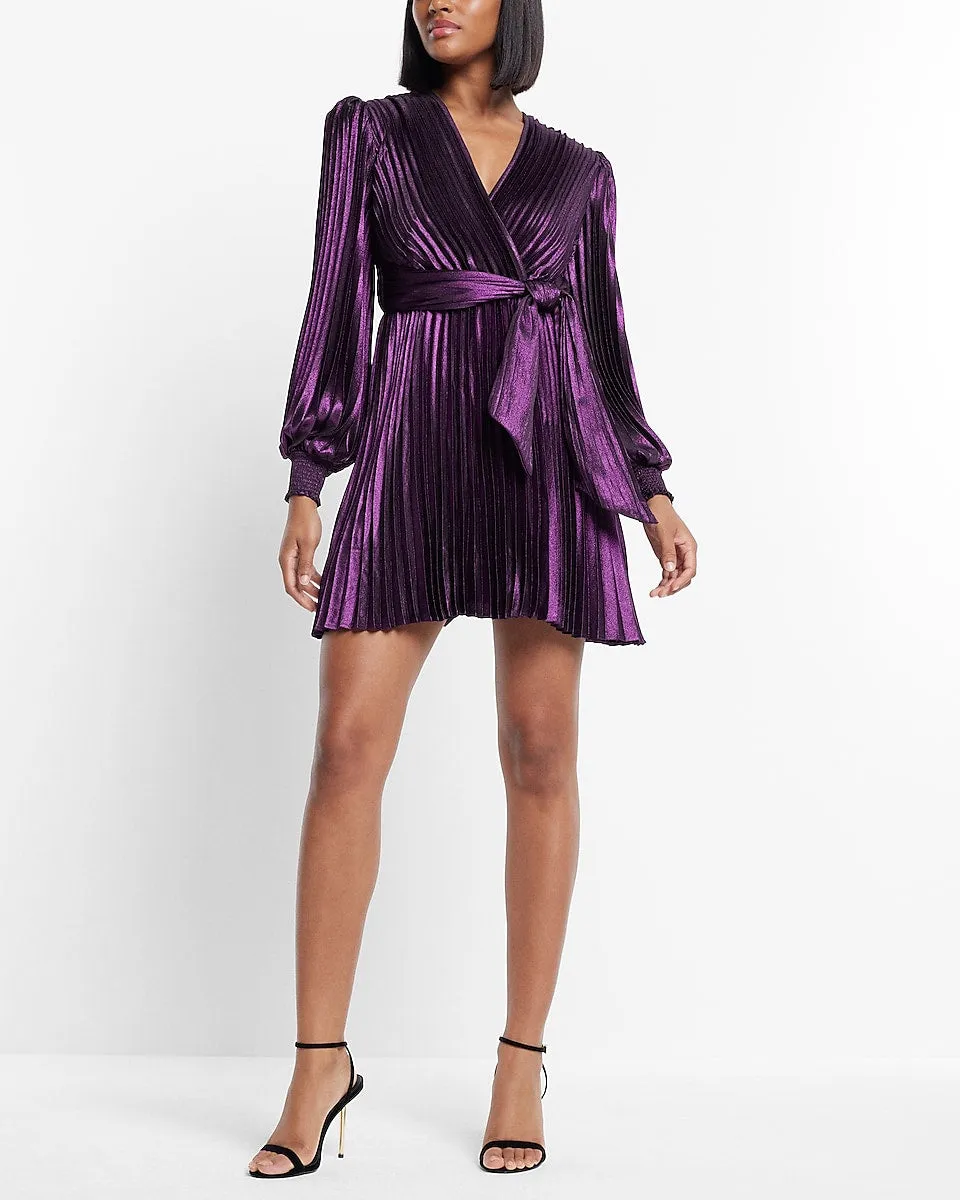 Metallic Faux Wrap Tie Waist Pleated Mini Dress in Dark Purple