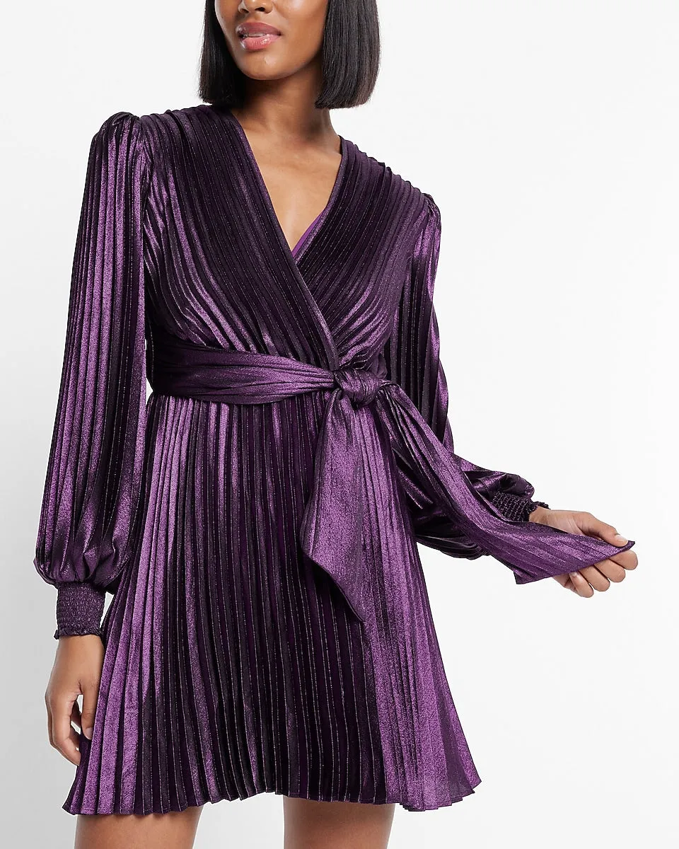 Metallic Faux Wrap Tie Waist Pleated Mini Dress in Dark Purple