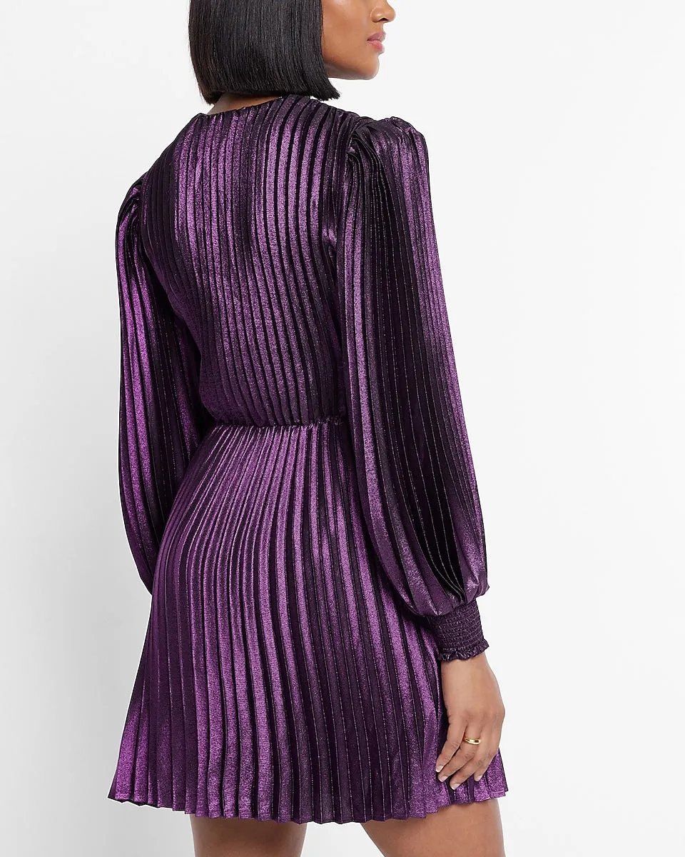 Metallic Faux Wrap Tie Waist Pleated Mini Dress in Dark Purple