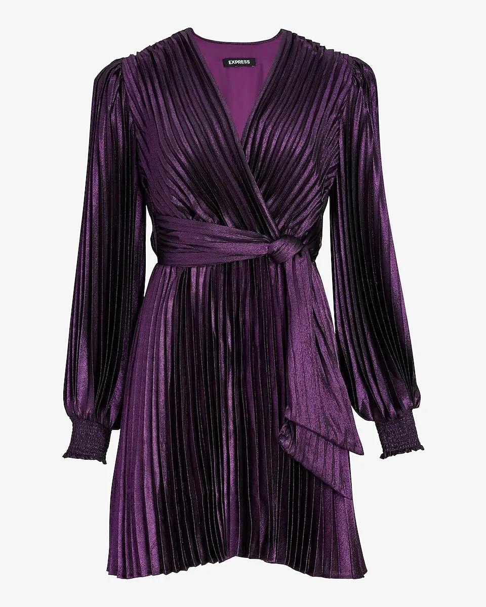 Metallic Faux Wrap Tie Waist Pleated Mini Dress in Dark Purple