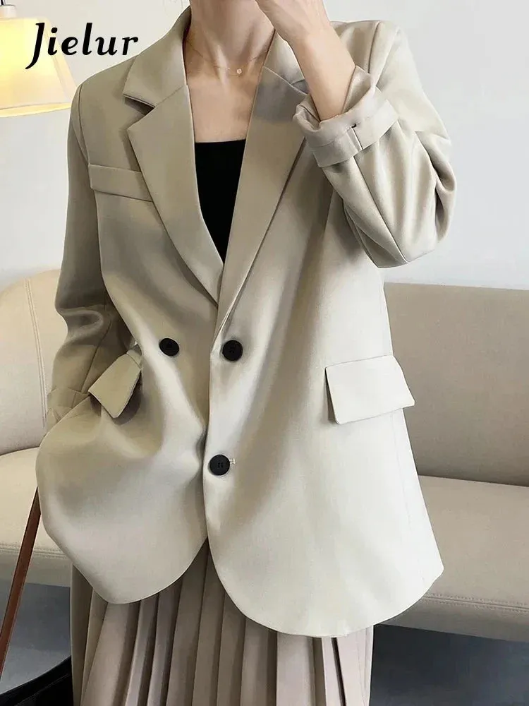 Metaversmall Double Breasted Oversized Black Blazer Women Autumn Winter Drape Solid Color Loose Suit Jacket Office Lady