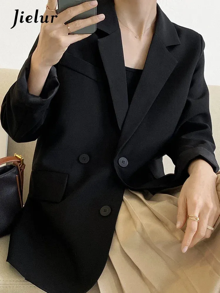 Metaversmall Double Breasted Oversized Black Blazer Women Autumn Winter Drape Solid Color Loose Suit Jacket Office Lady