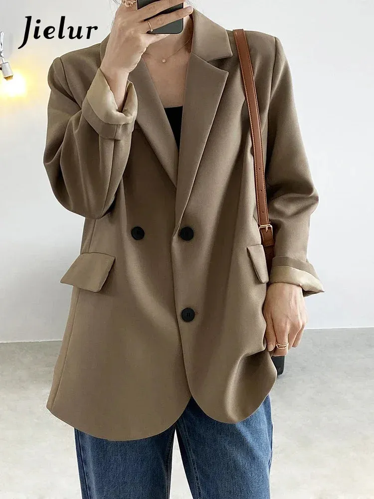 Metaversmall Double Breasted Oversized Black Blazer Women Autumn Winter Drape Solid Color Loose Suit Jacket Office Lady