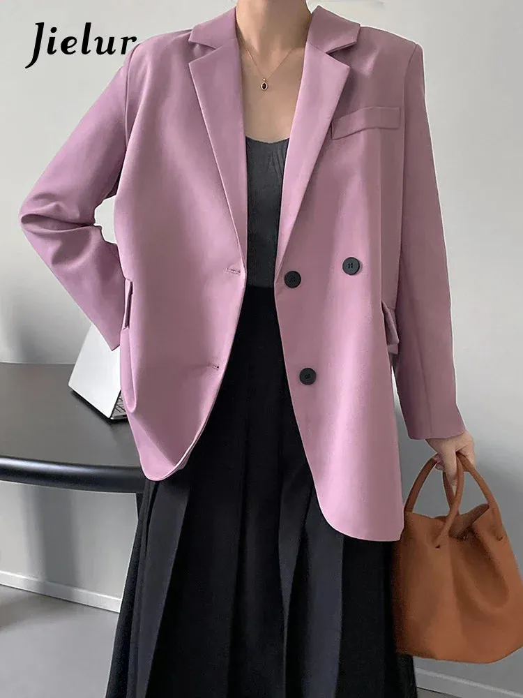 Metaversmall Double Breasted Oversized Black Blazer Women Autumn Winter Drape Solid Color Loose Suit Jacket Office Lady