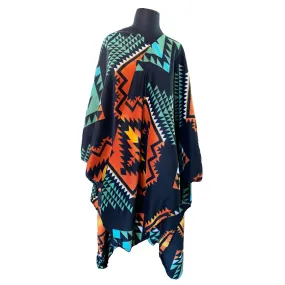 Native Pattern Fleece Western Poncho in Black & Turquoise