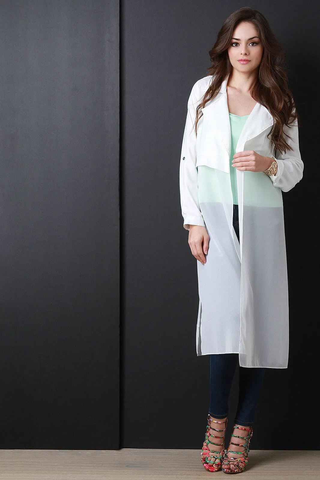 Open Front Roll-Up Sleeve Trench