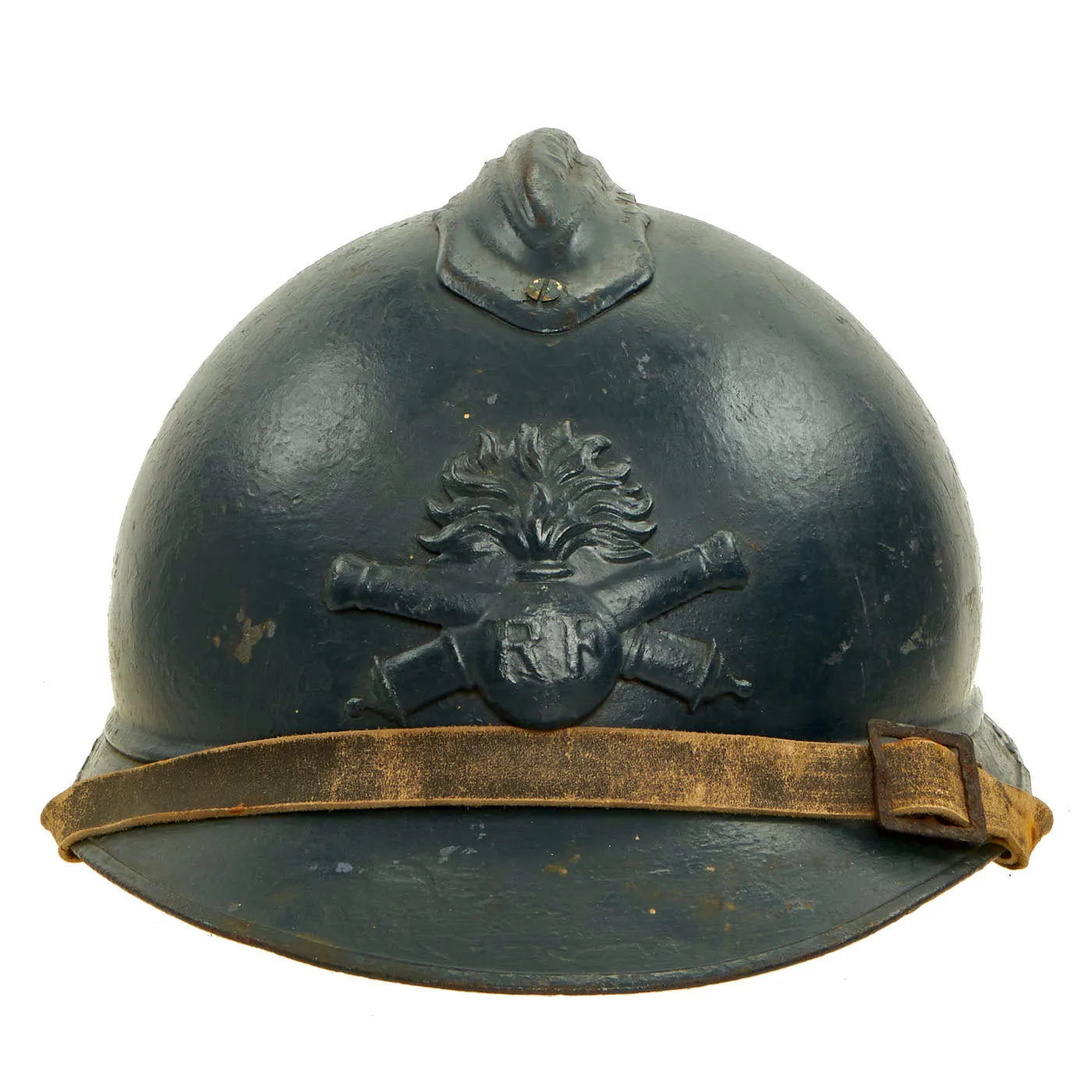 Original French WWI Model 1915 Adrian Artillery Helmet with Liner & Chinstrap - Repainted Horizon Blue