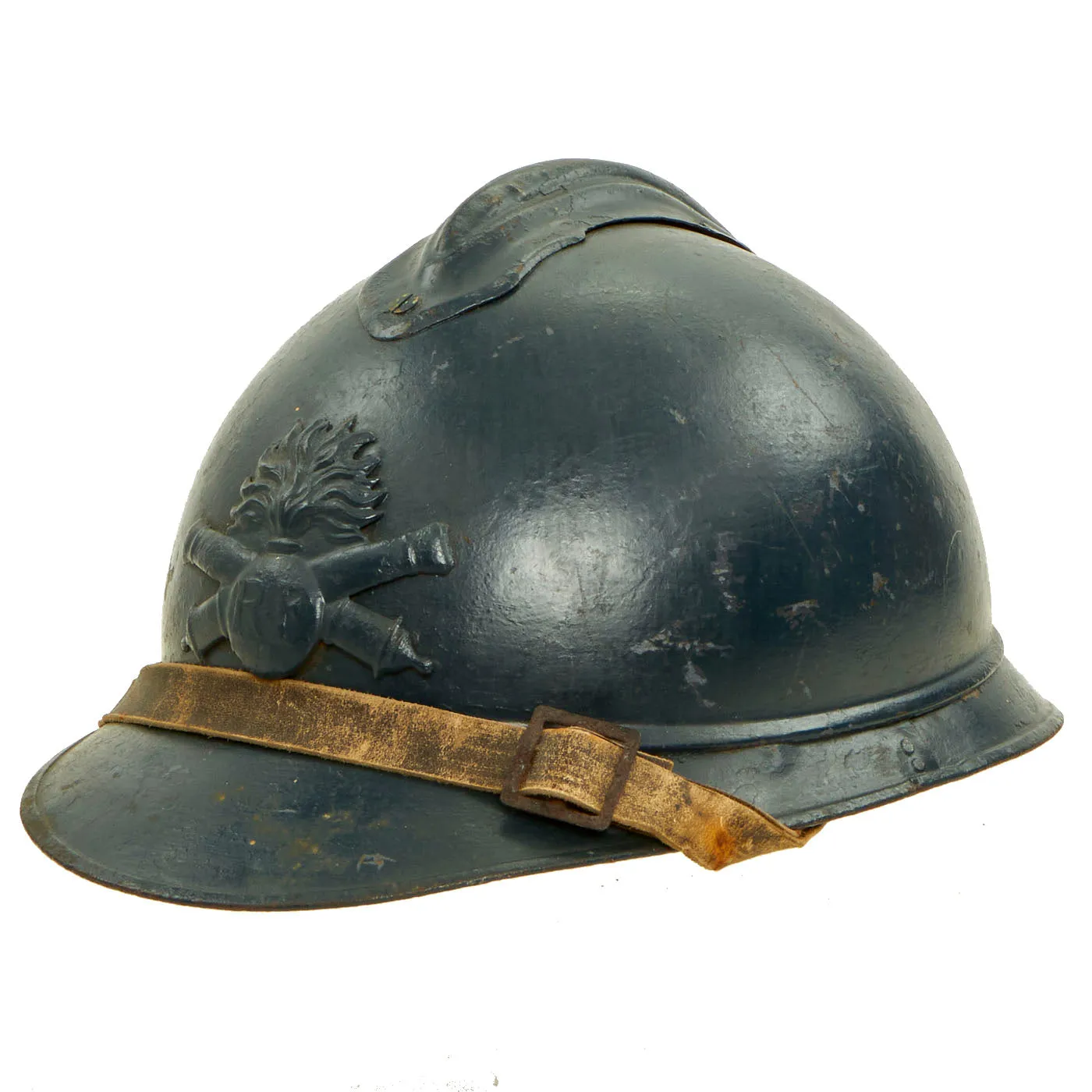 Original French WWI Model 1915 Adrian Artillery Helmet with Liner & Chinstrap - Repainted Horizon Blue