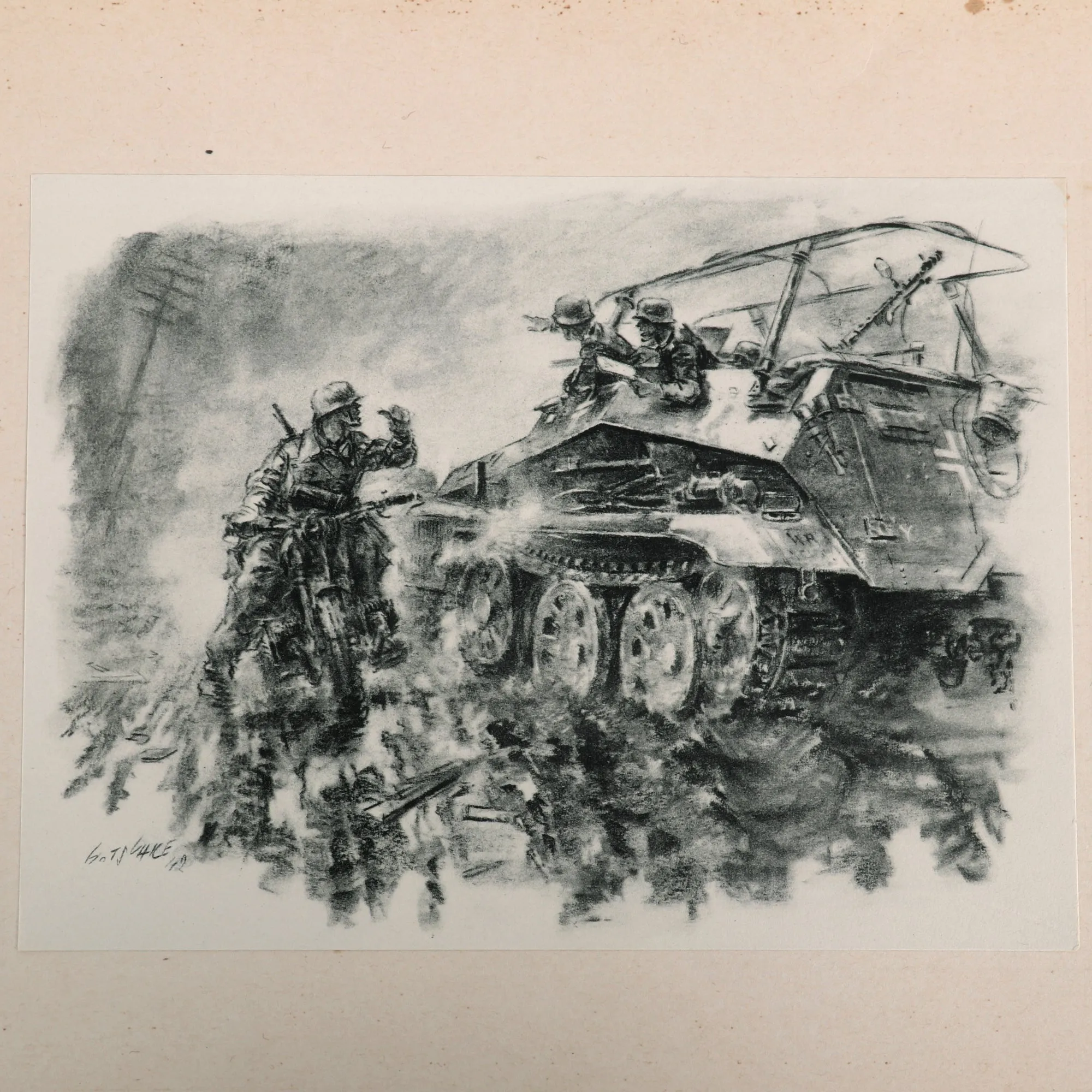 Original German WWII 1942 Dated Panzergrenadiere Mechanized Infantry Folder and 15 Prints by Artist Walter Gotschke - Formerly A.A.F. Tank Museum