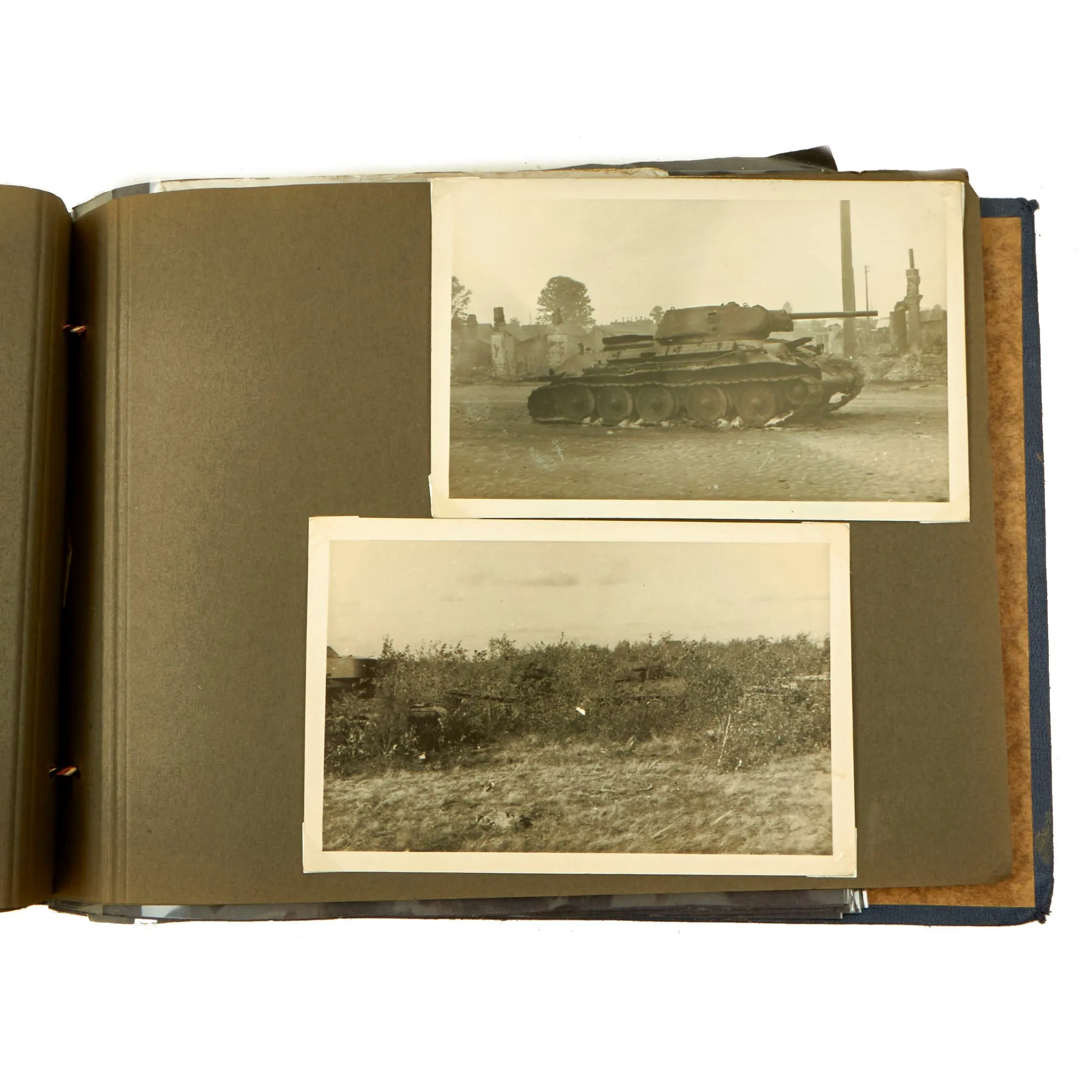 Original German WWII Luftwaffe Photo Album Featuring Numerous Disabled Soviet Tanks with Soldbuch - 144 Photos