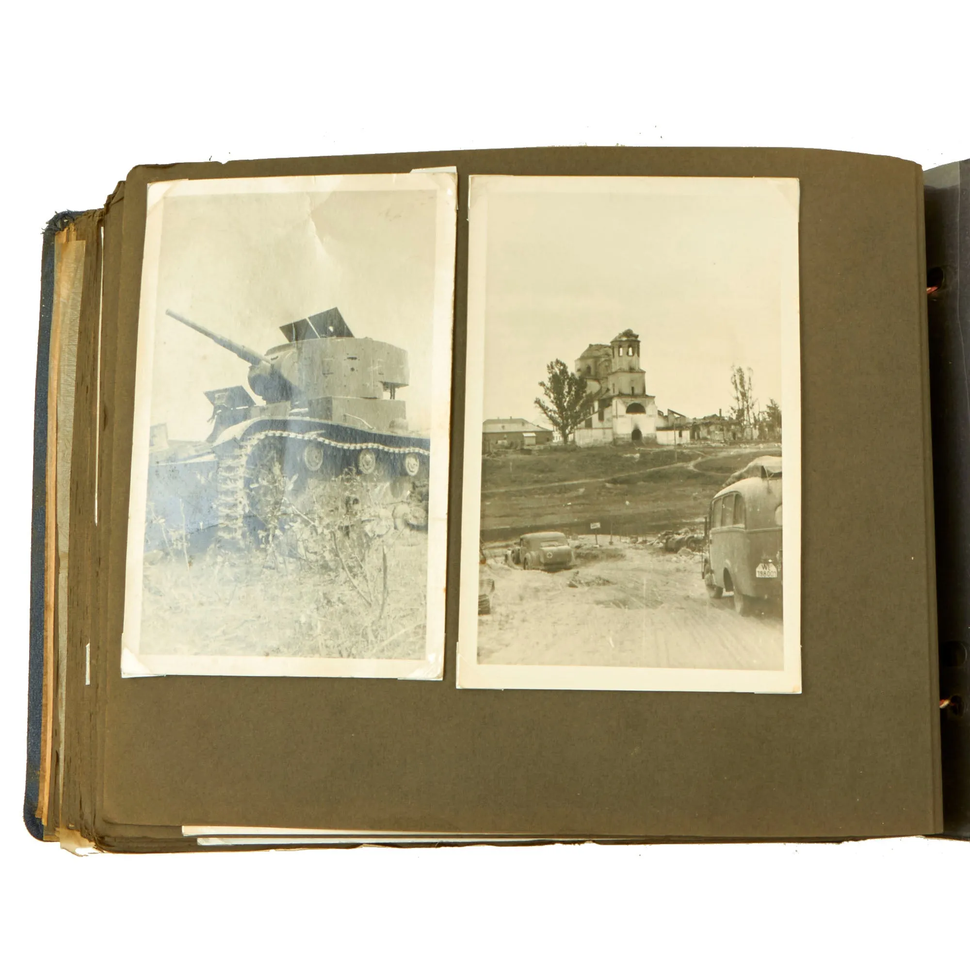 Original German WWII Luftwaffe Photo Album Featuring Numerous Disabled Soviet Tanks with Soldbuch - 144 Photos