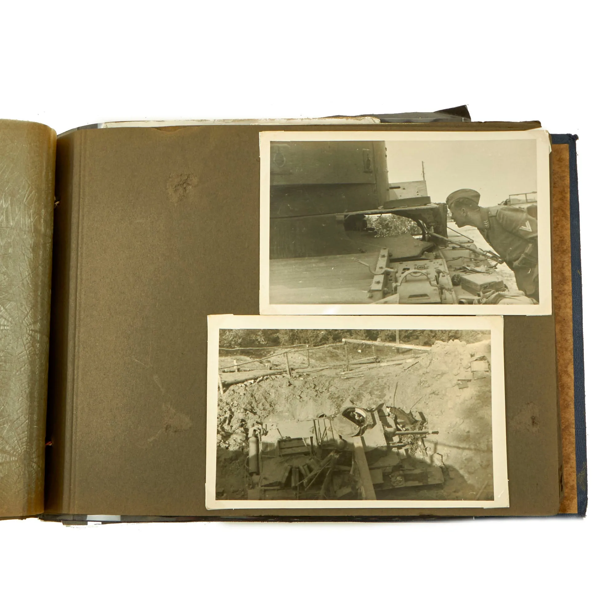 Original German WWII Luftwaffe Photo Album Featuring Numerous Disabled Soviet Tanks with Soldbuch - 144 Photos