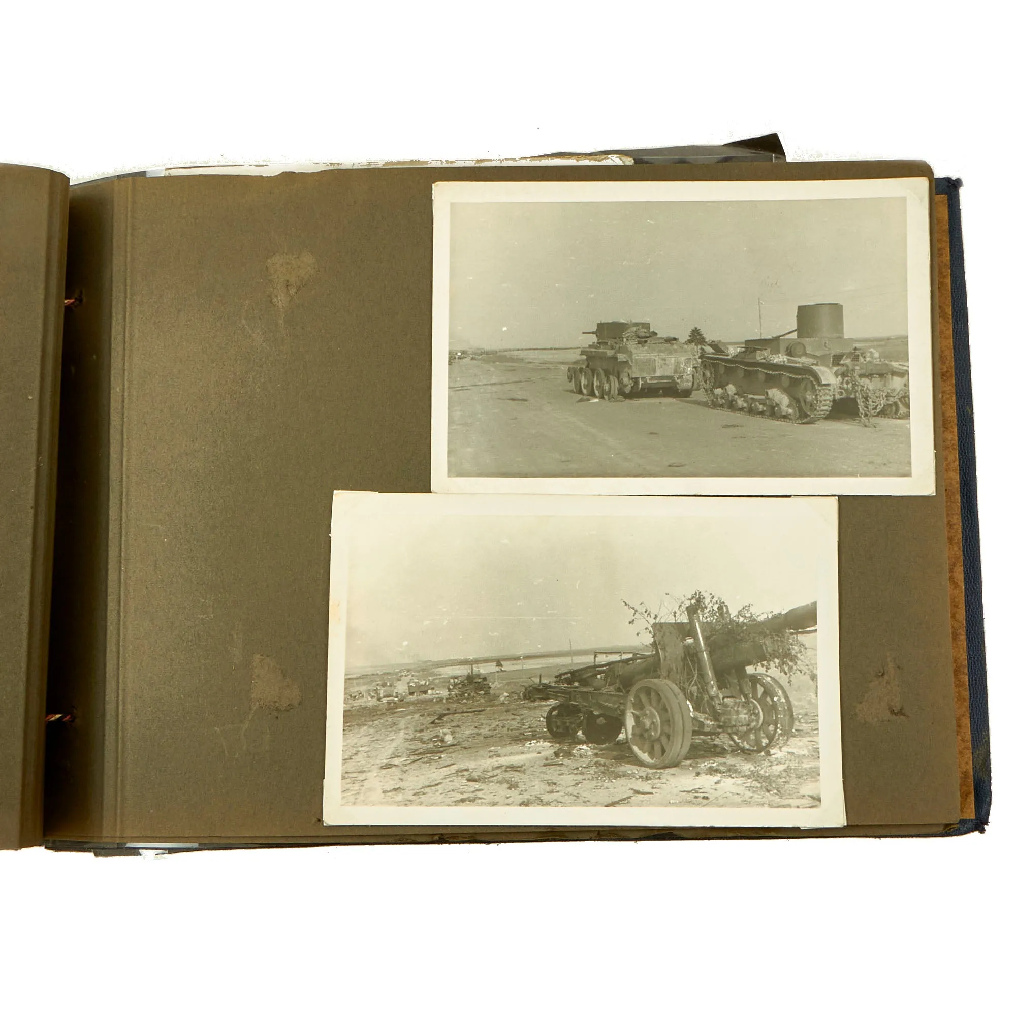 Original German WWII Luftwaffe Photo Album Featuring Numerous Disabled Soviet Tanks with Soldbuch - 144 Photos