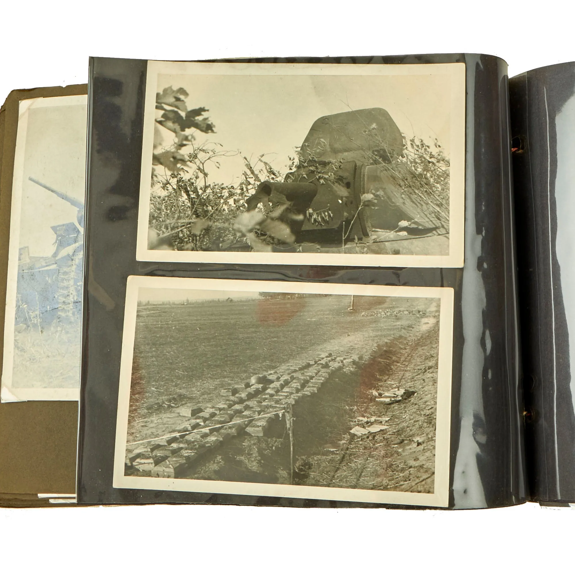 Original German WWII Luftwaffe Photo Album Featuring Numerous Disabled Soviet Tanks with Soldbuch - 144 Photos