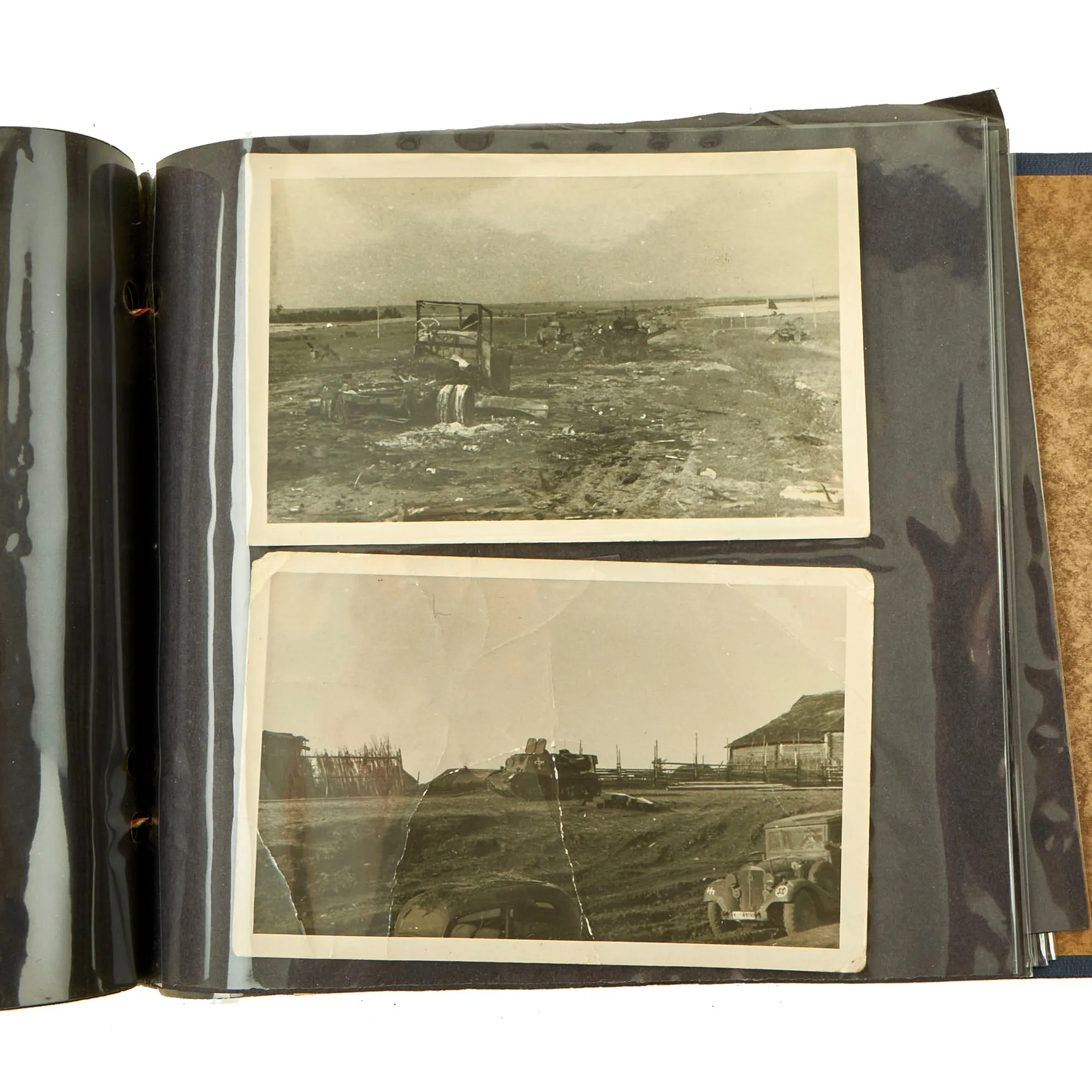 Original German WWII Luftwaffe Photo Album Featuring Numerous Disabled Soviet Tanks with Soldbuch - 144 Photos