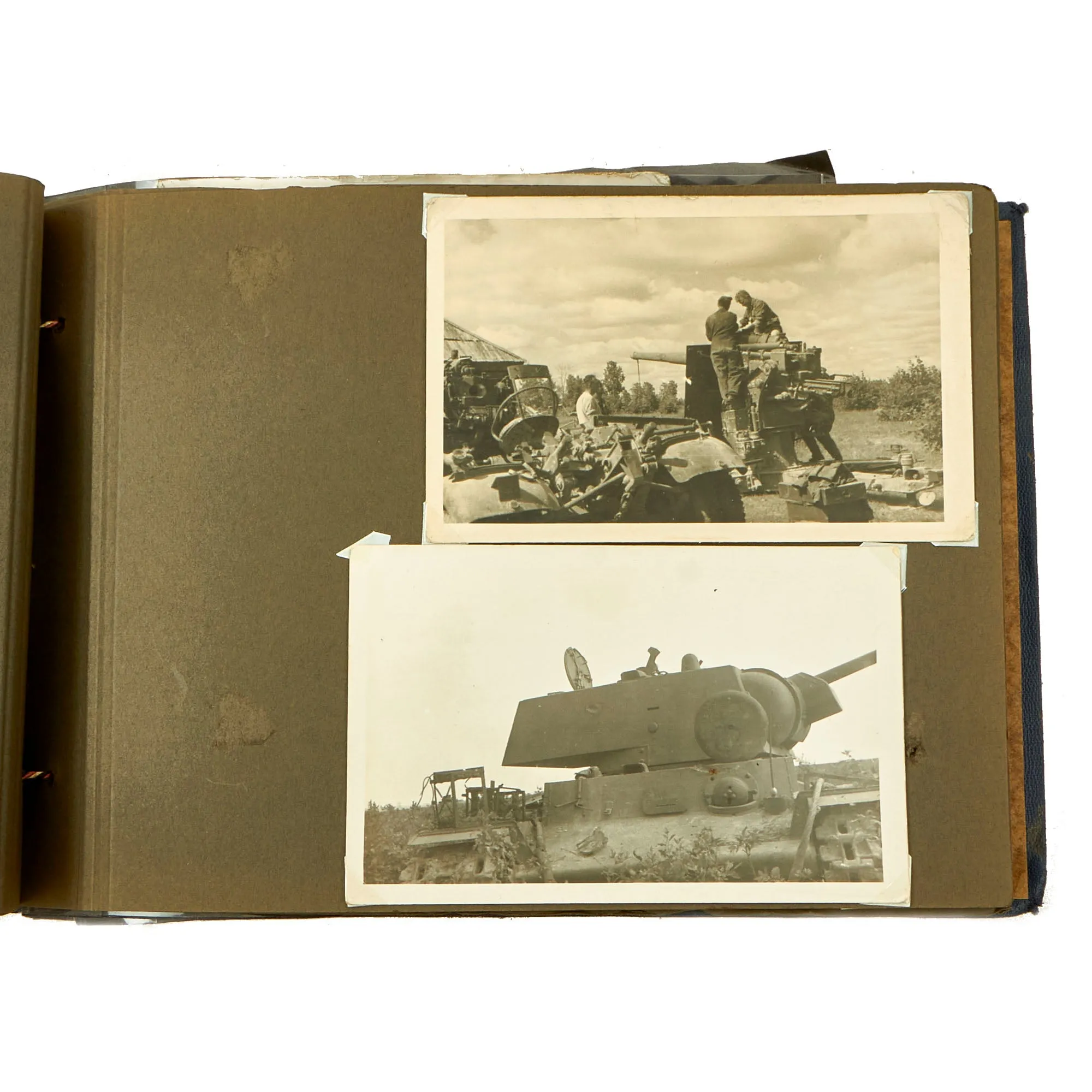 Original German WWII Luftwaffe Photo Album Featuring Numerous Disabled Soviet Tanks with Soldbuch - 144 Photos