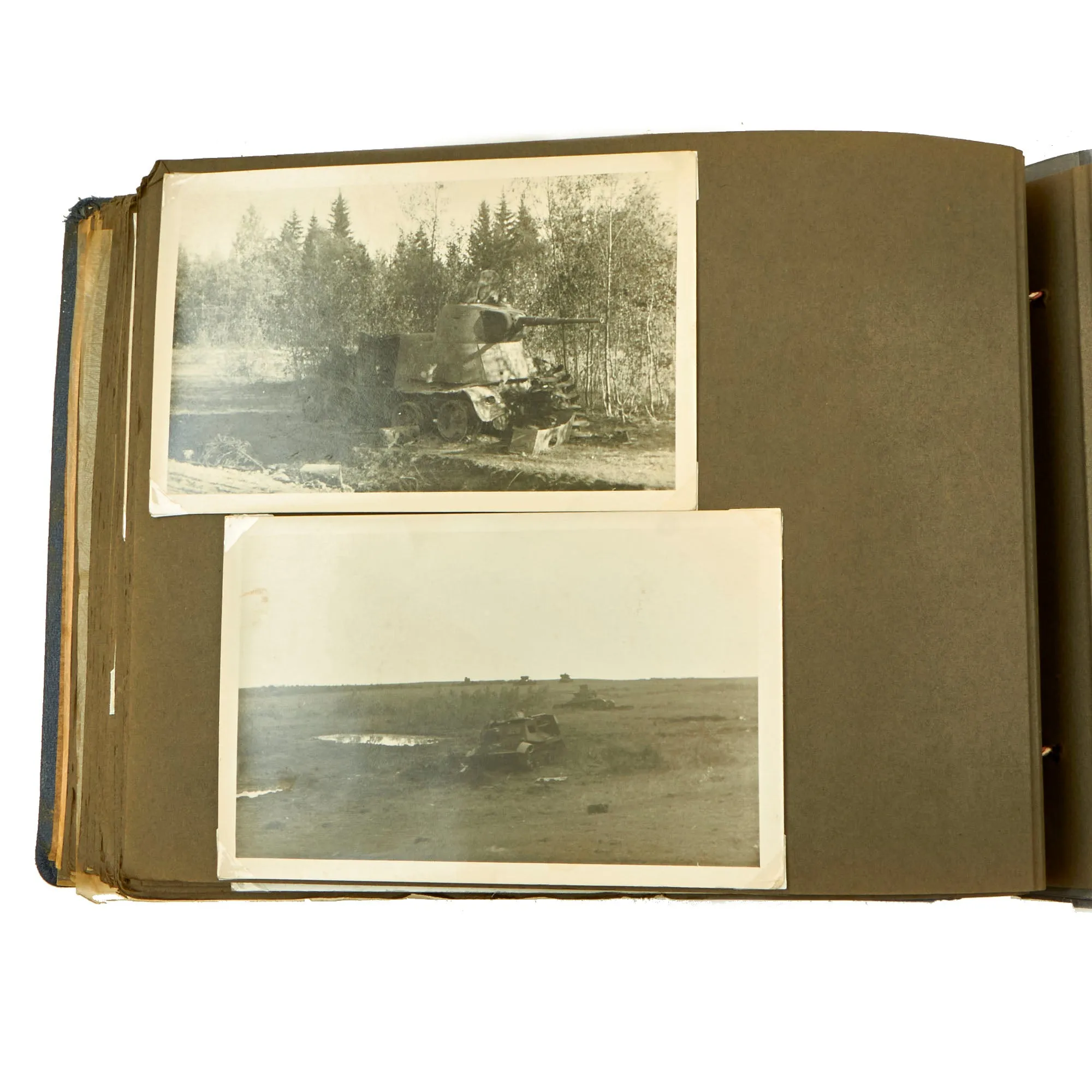 Original German WWII Luftwaffe Photo Album Featuring Numerous Disabled Soviet Tanks with Soldbuch - 144 Photos