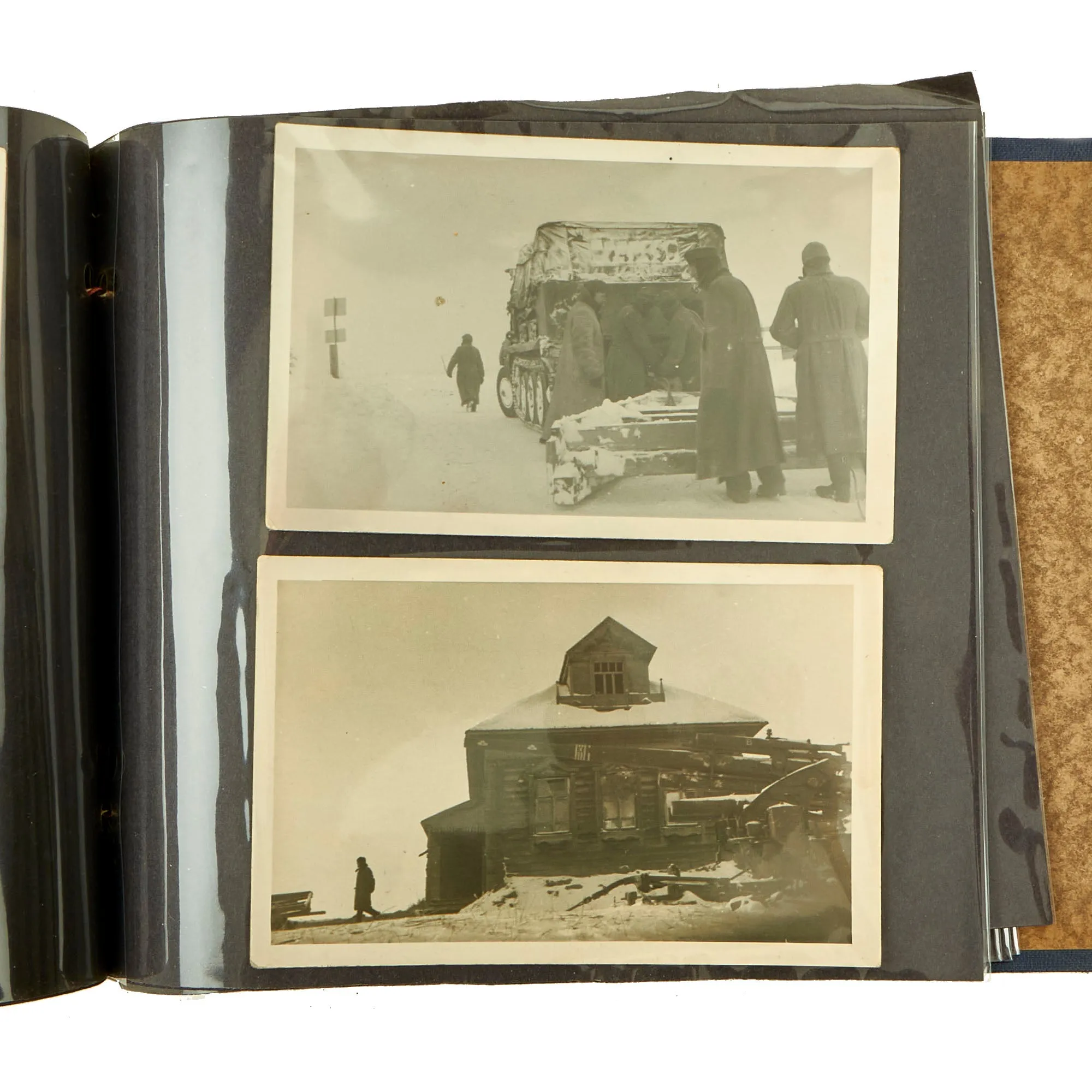 Original German WWII Luftwaffe Photo Album Featuring Numerous Disabled Soviet Tanks with Soldbuch - 144 Photos