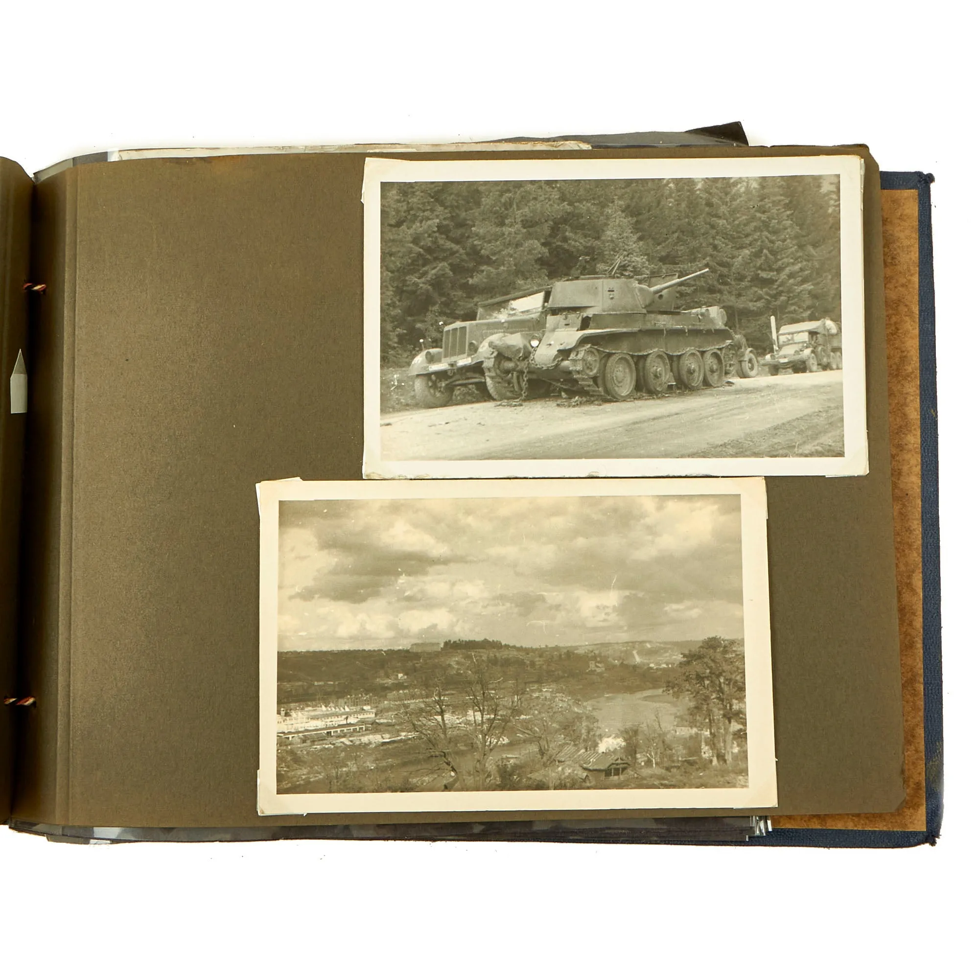 Original German WWII Luftwaffe Photo Album Featuring Numerous Disabled Soviet Tanks with Soldbuch - 144 Photos