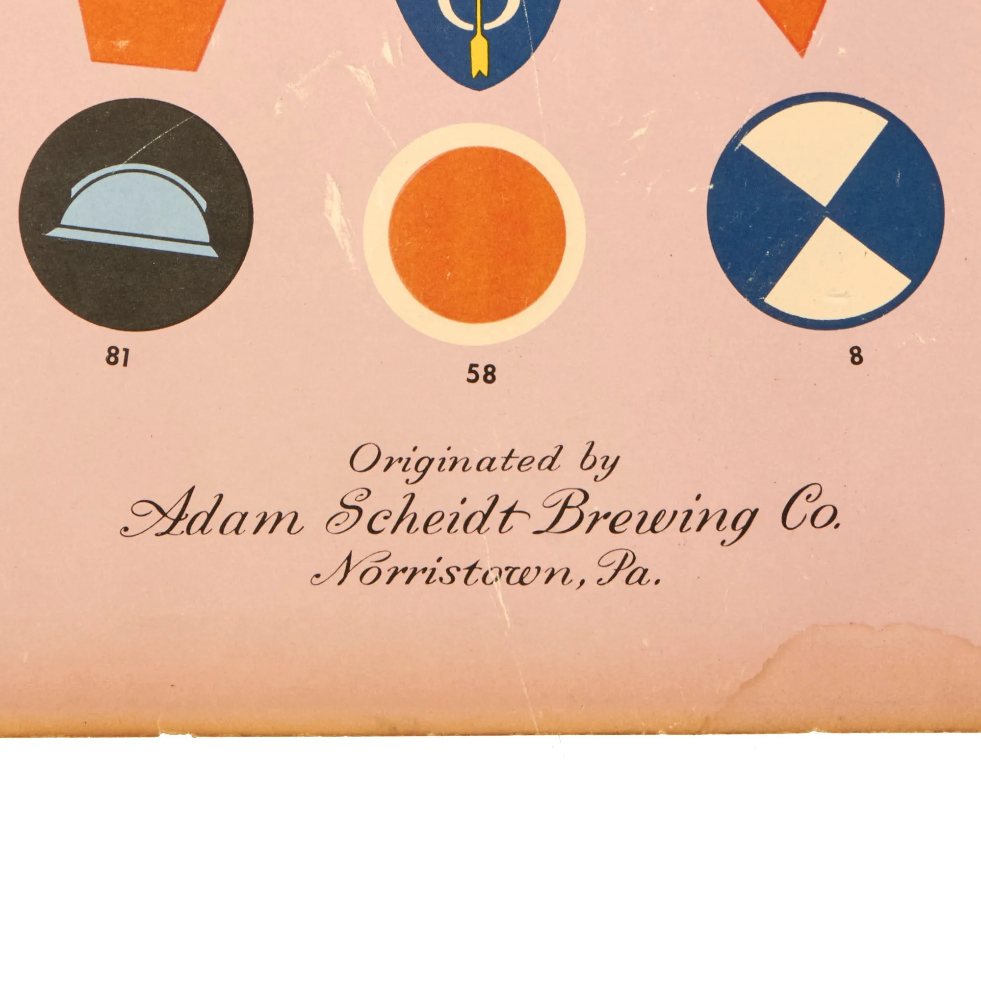 Original U.S. WWI Rare Poster of Insignia of the American Expeditionary Forces - Printed by Adam Scheidt Brewing Co. in 1940 - 20¼” x 27”